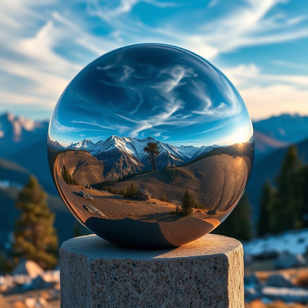 Chrome Sphere Reflecting Mountain Landscape at Golden Hour