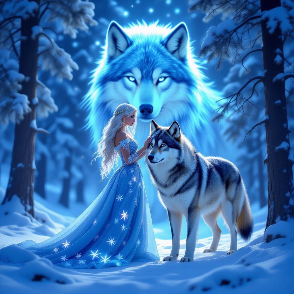 Ethereal Woman and Spirit Wolf in Snowy Forest