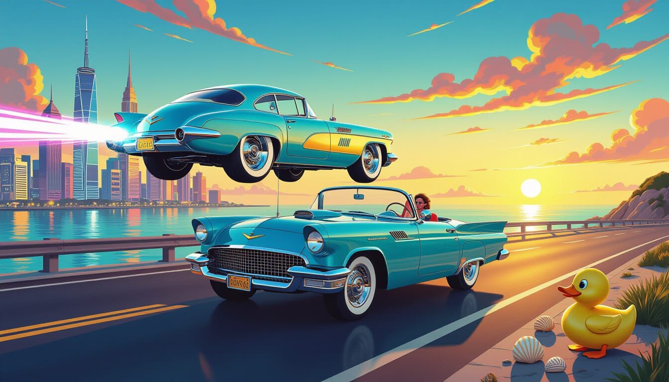 Sci-Fi Car Over Neon City in Art Nouveau Style