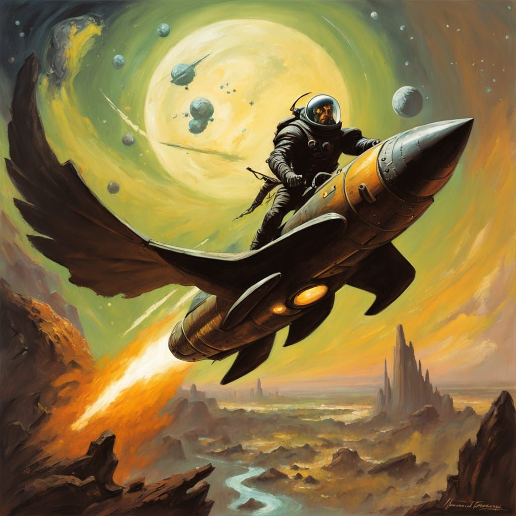 Cosmic Acrobat in Frazetta-Style Sci-Fi Art
