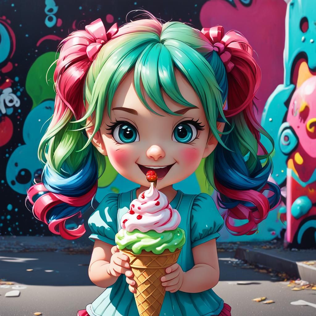 Chibi Girl with Ice Cream in Graffiti Playground