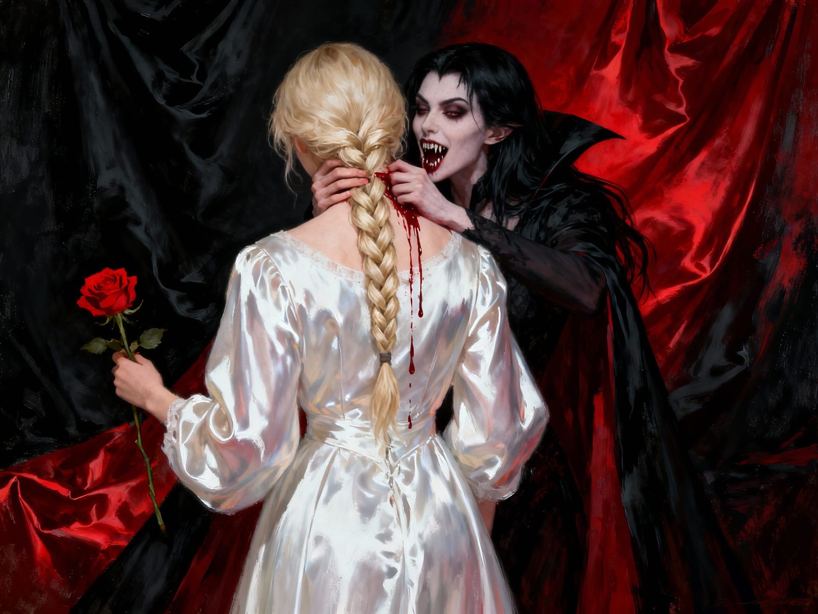 Dark Fantasy Oil Painting of Vampire Biting Woman