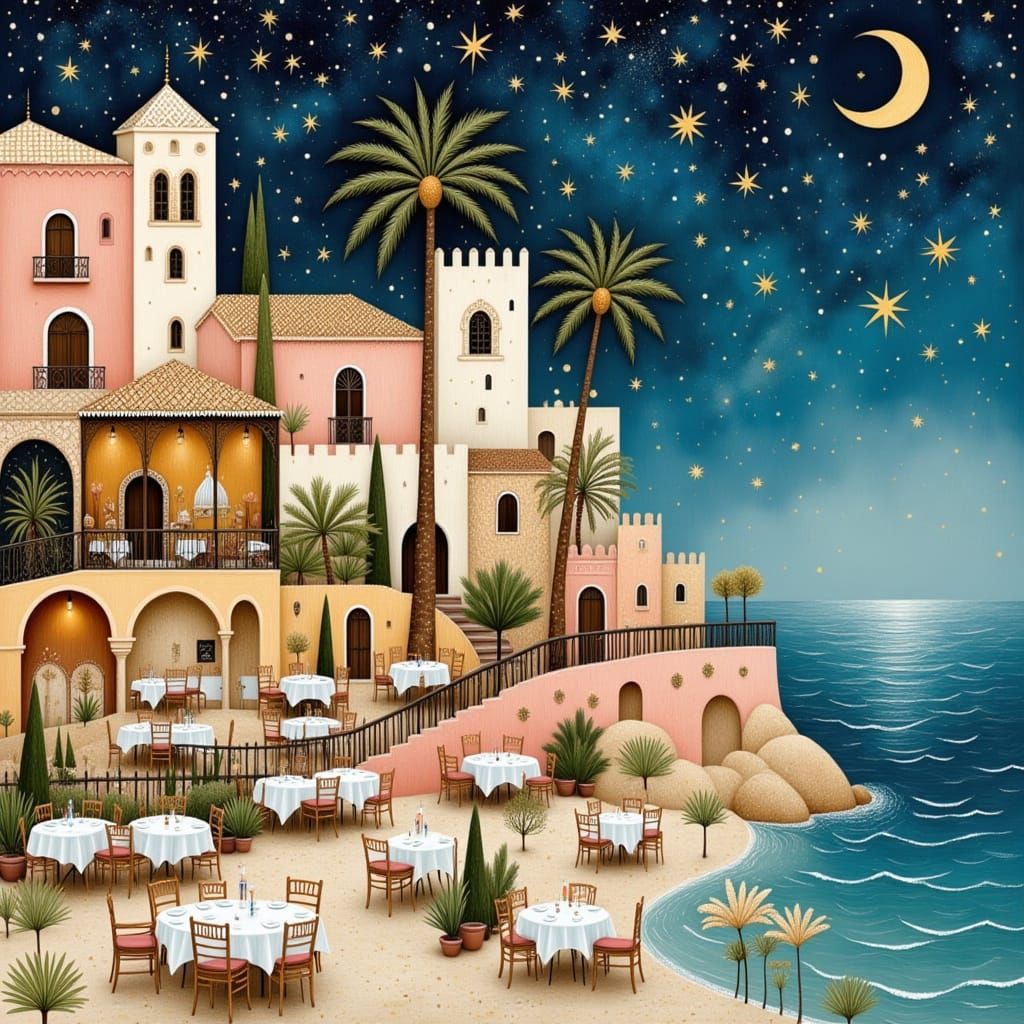 Moroccan Terrace Restaurant with Stars, Vector Watercolor St...