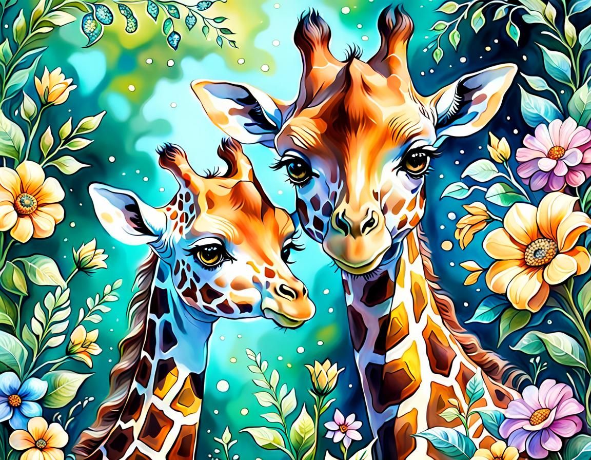 Giraffe Mother and Calf: Fantasy Digital Art