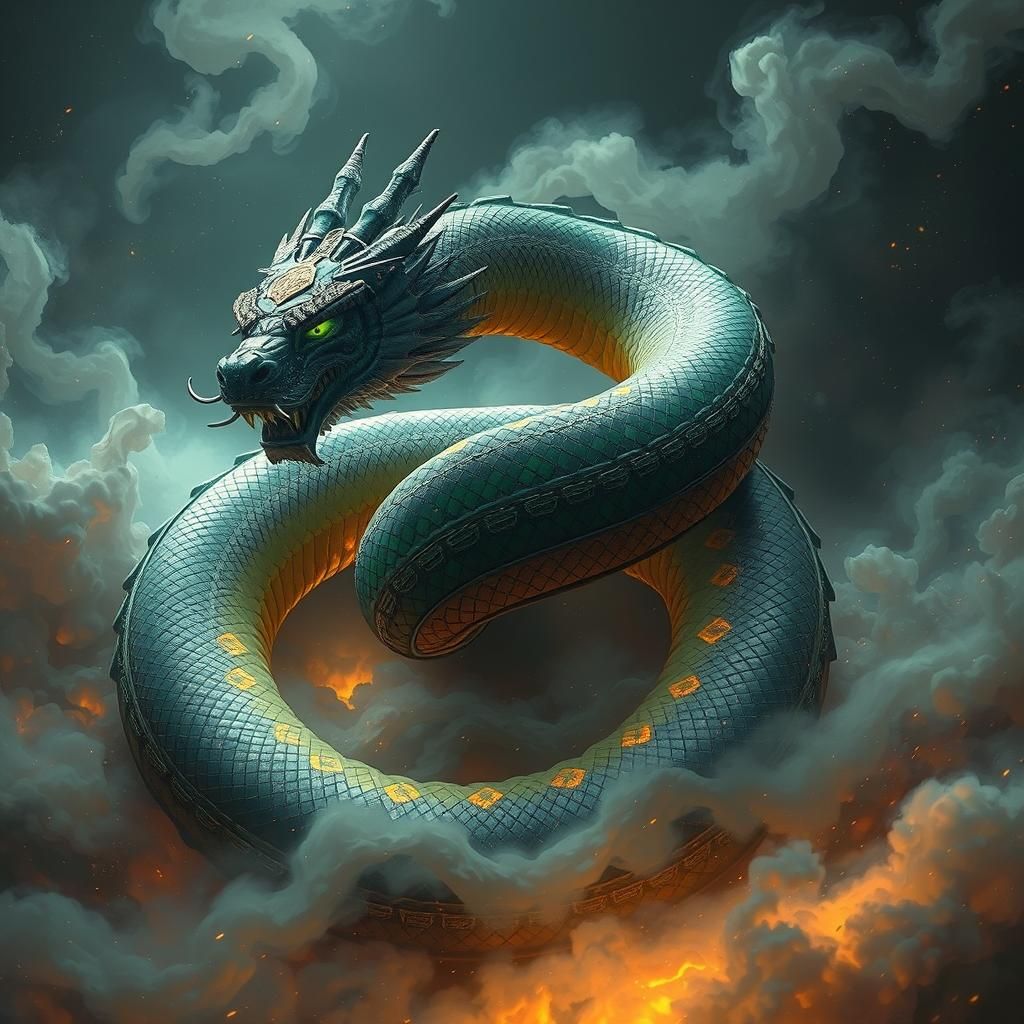 Samurai Battles Ethereal Serpent in Fantasy Art Style