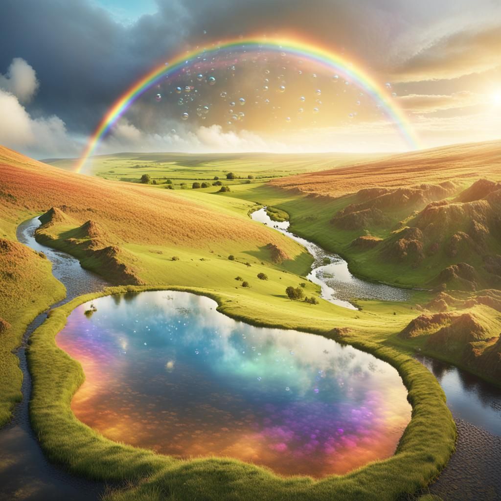 Double Rainbow Over UK With Bubbles in Digital Art