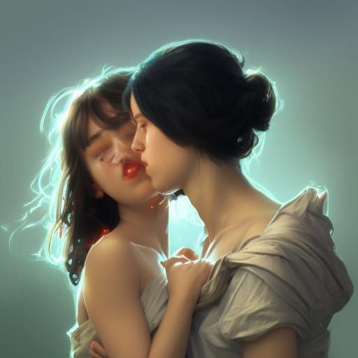 Two Girls Kissing: Hyperdetailed Artstation Portrait