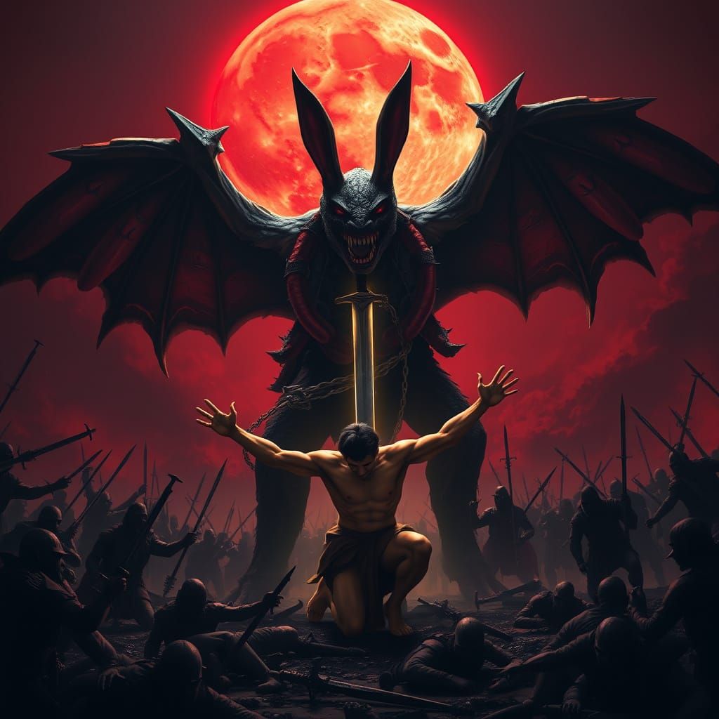 Dark Fantasy Confrontation Under a Crimson Moon