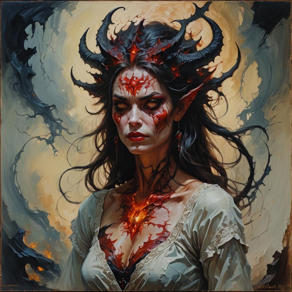 Portrait of Woman with Devilish Aura as Oil Painting