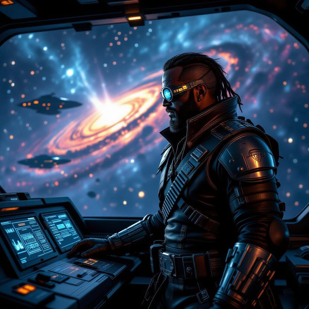 Space Pirate Captain on Warship Bridge: Photorealistic Style