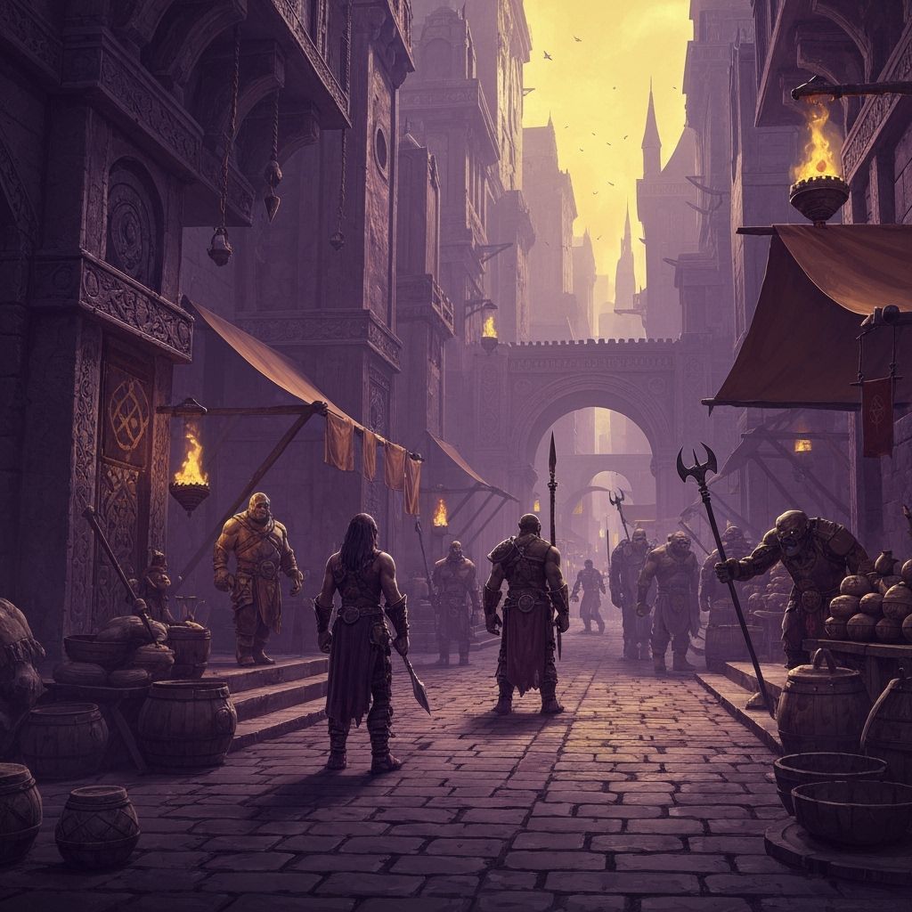 Dark Fantasy Marketplace with Humans, Orcs, and Trolls