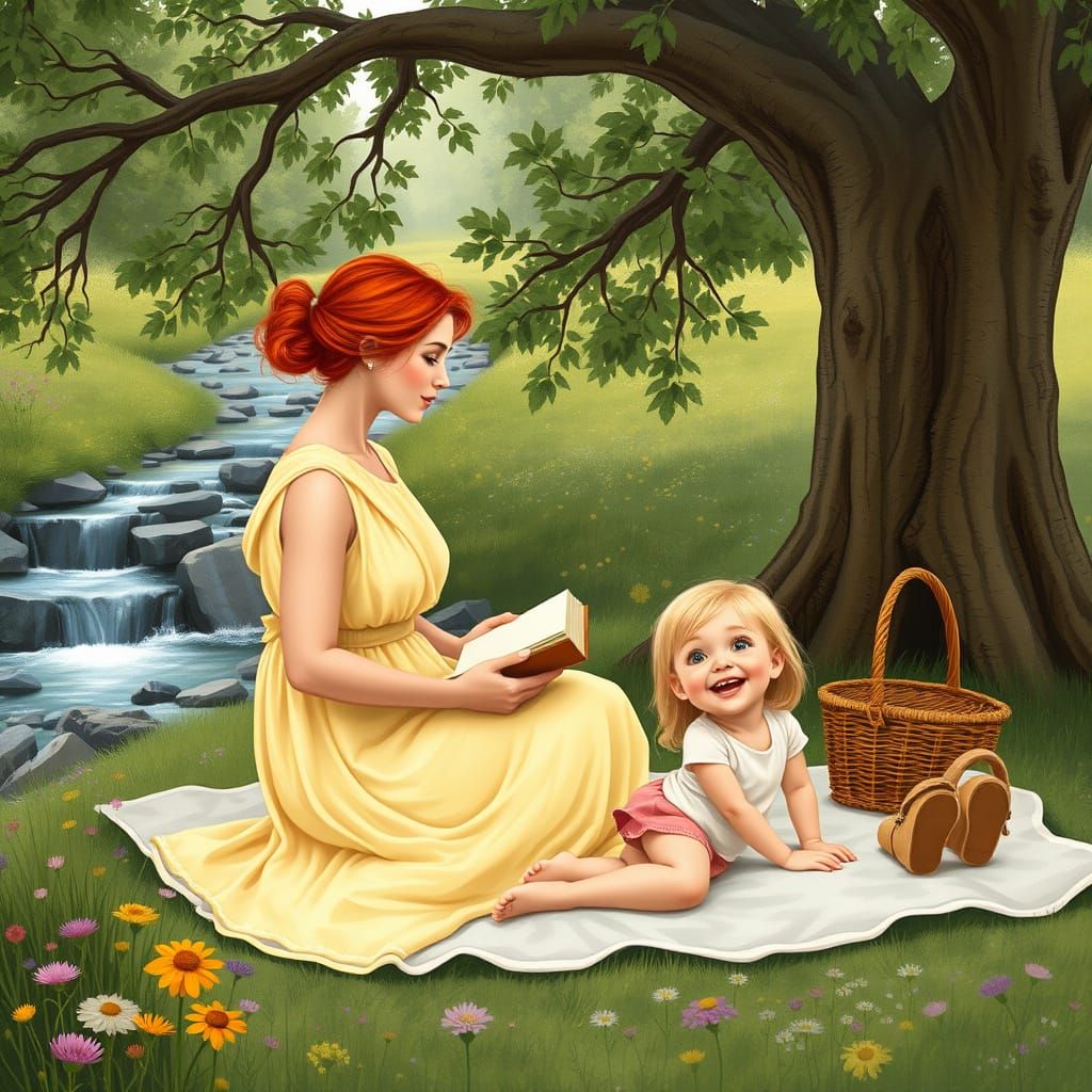 Mother and Daughter's Picnic in Whimsical Style
