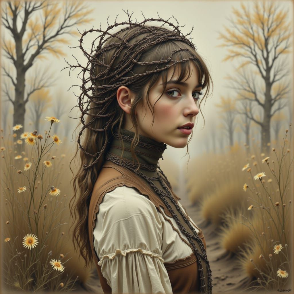 Woman in Barbed Wire Cage, Earthy Backdrop