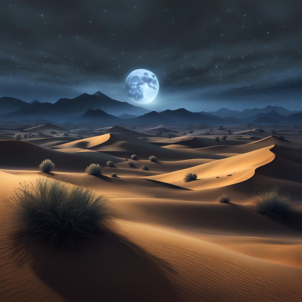 a Desert landscape at night with misty atmosphere