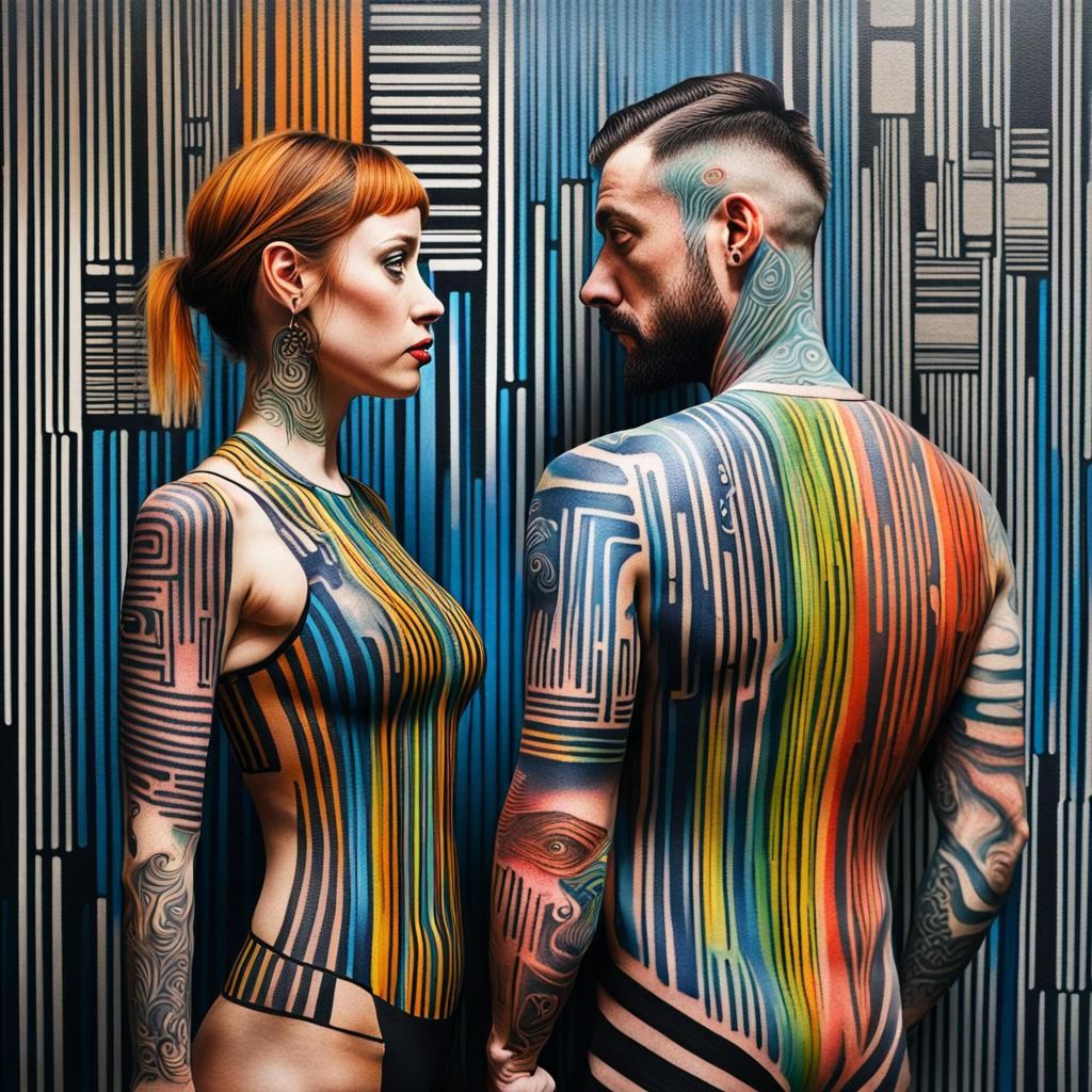 Couple with Barcode Tattoos: Abstract Hyperrealistic Art