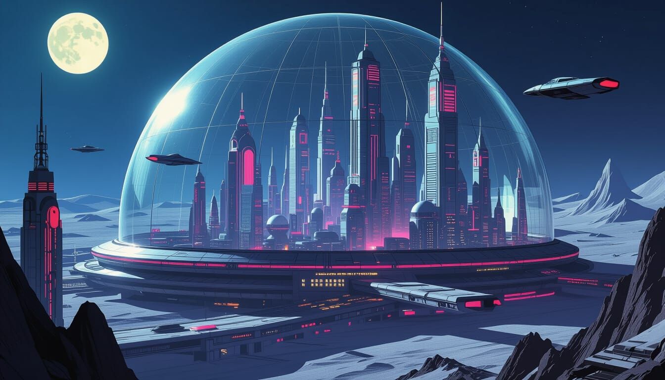 Retro-Futuristic Lunar City Under a Dome