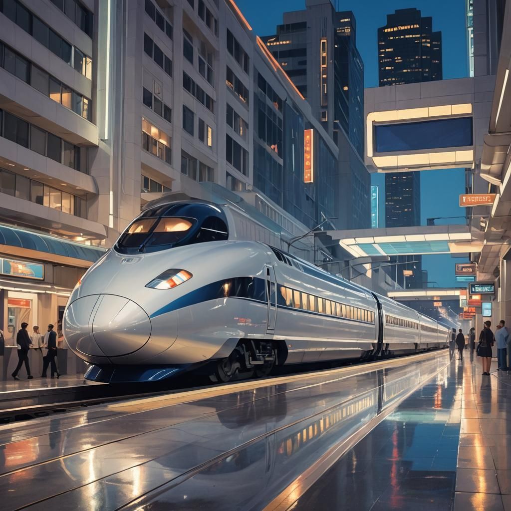 Futuristic Bullet Train Arriving in Art Deco City