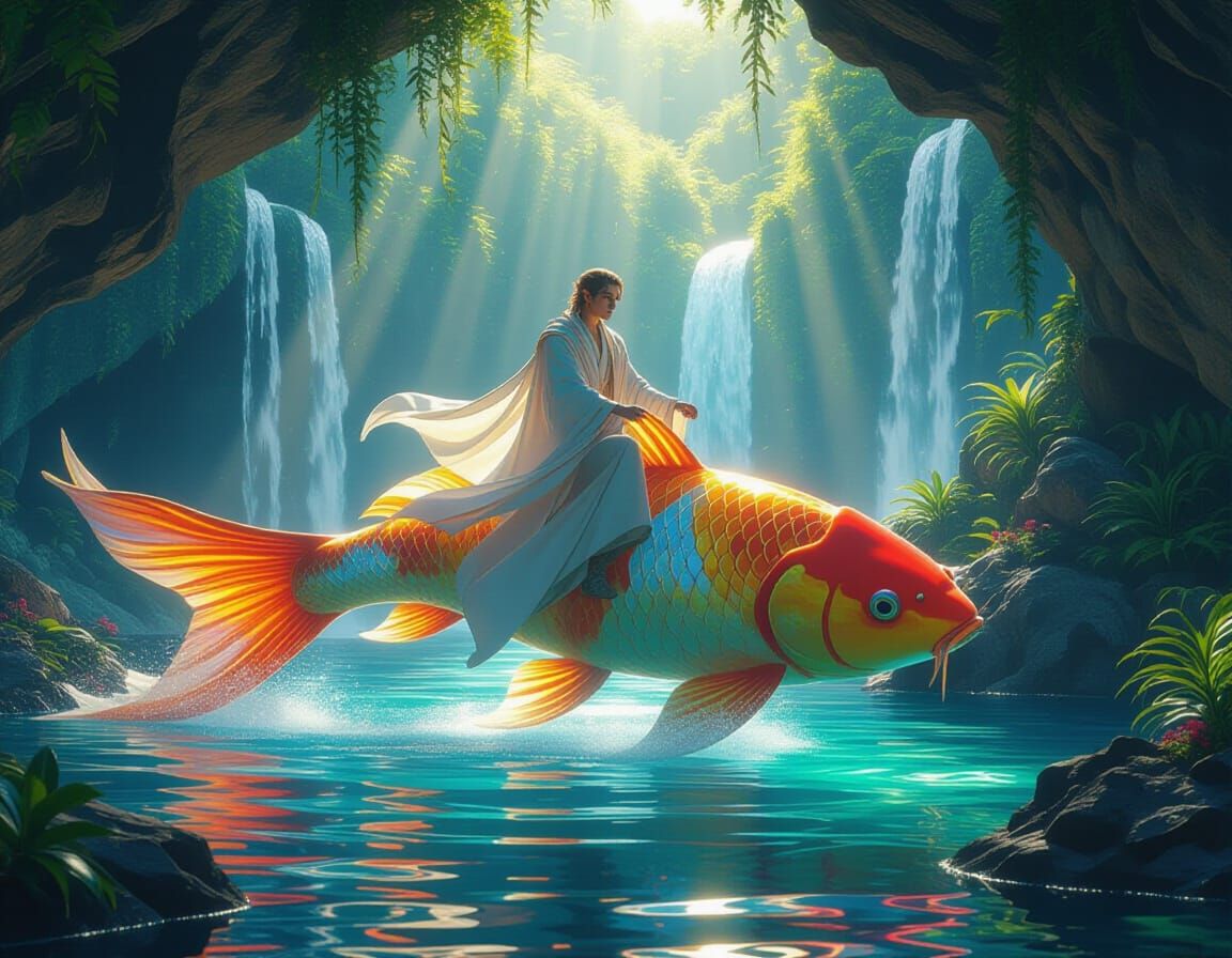 Elf Rides Bioluminescent Koi Fish in Hidden Grotto