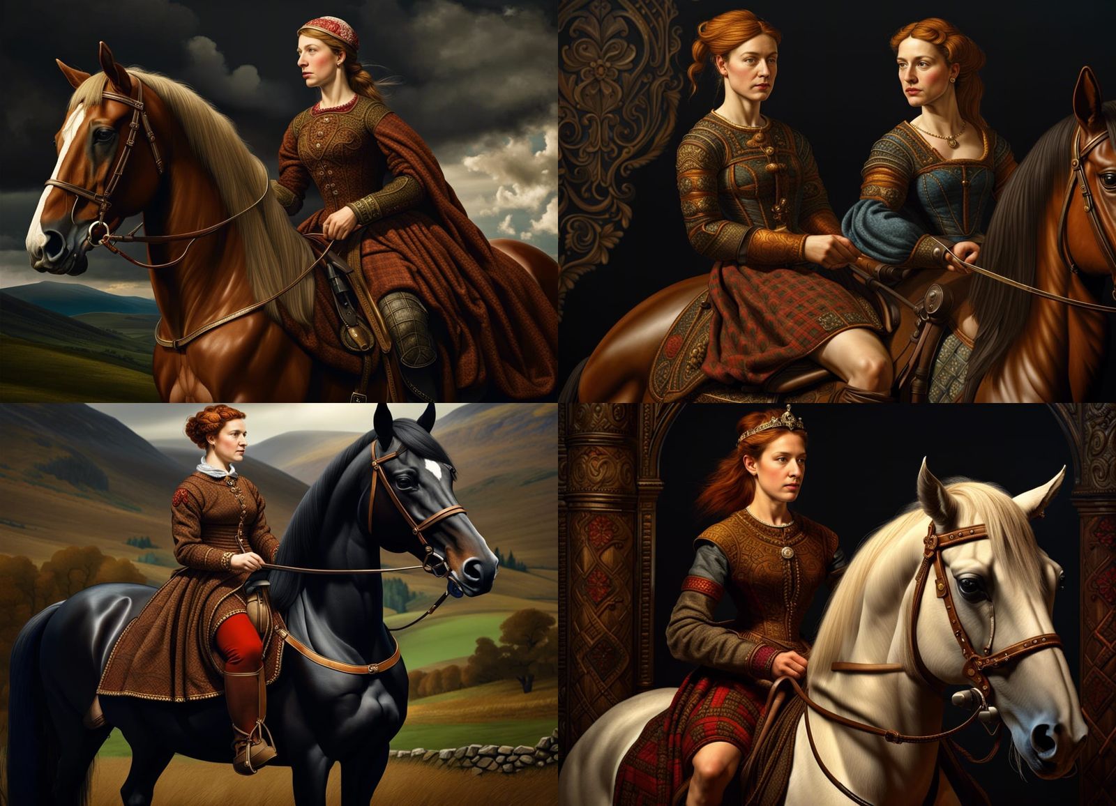 Scottish Queen on Horseback in Highlands, Photorealistic