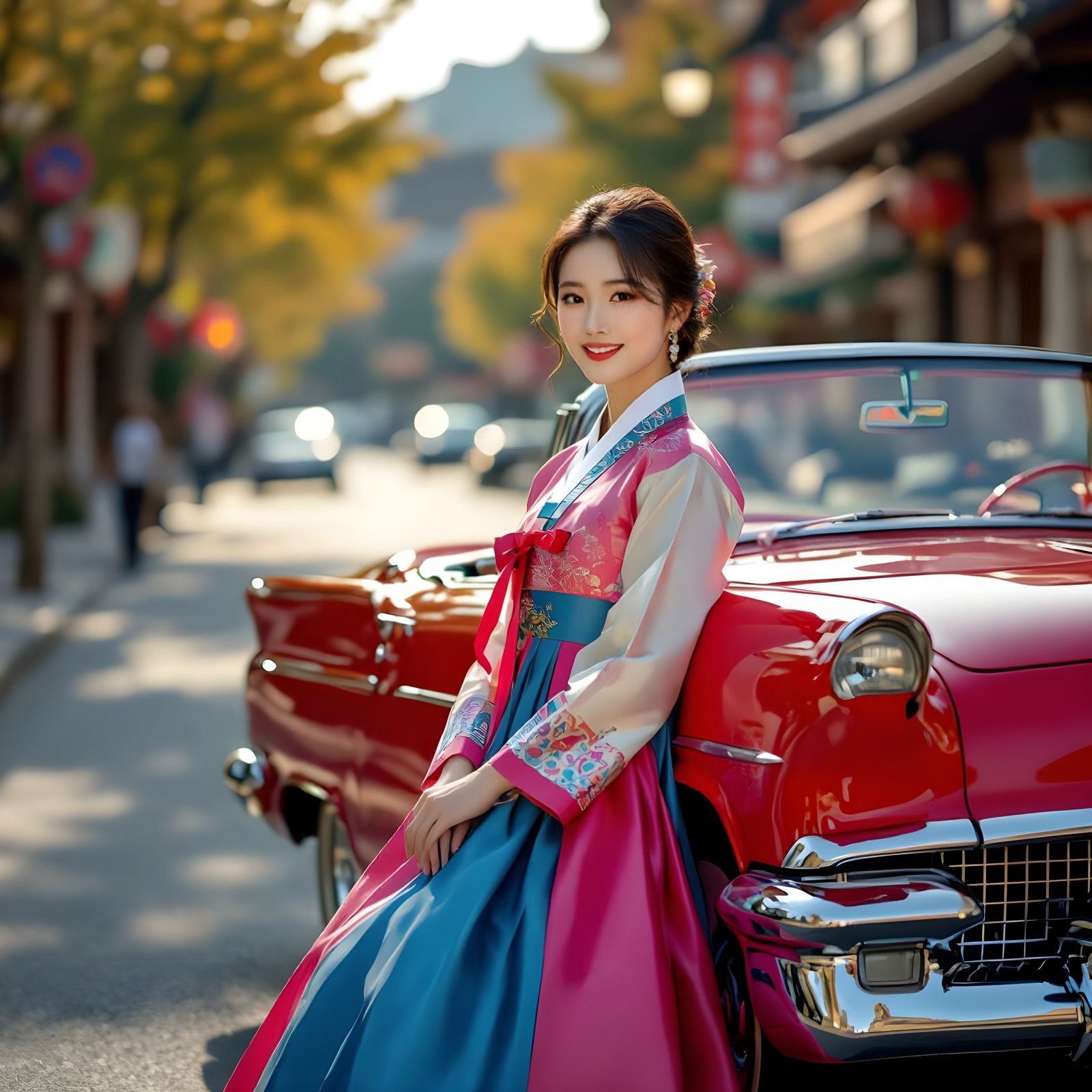 Girl in Hanbok Leans on Retro Car with Gentle Smile
