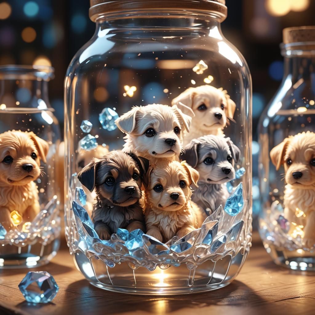 Puppies in Glowing Bottle: Hyper-Realistic 3D Anime Art