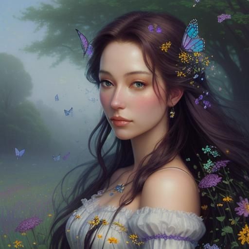 Girl with Butterfly Hair in Wildflower Field