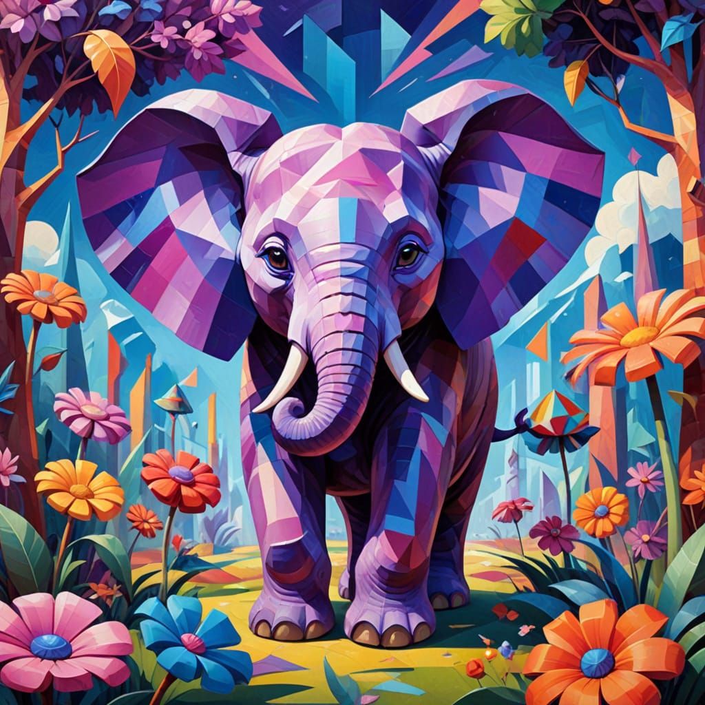 Psychedelic Chibi Elephant in Candy Land: Cubism Style