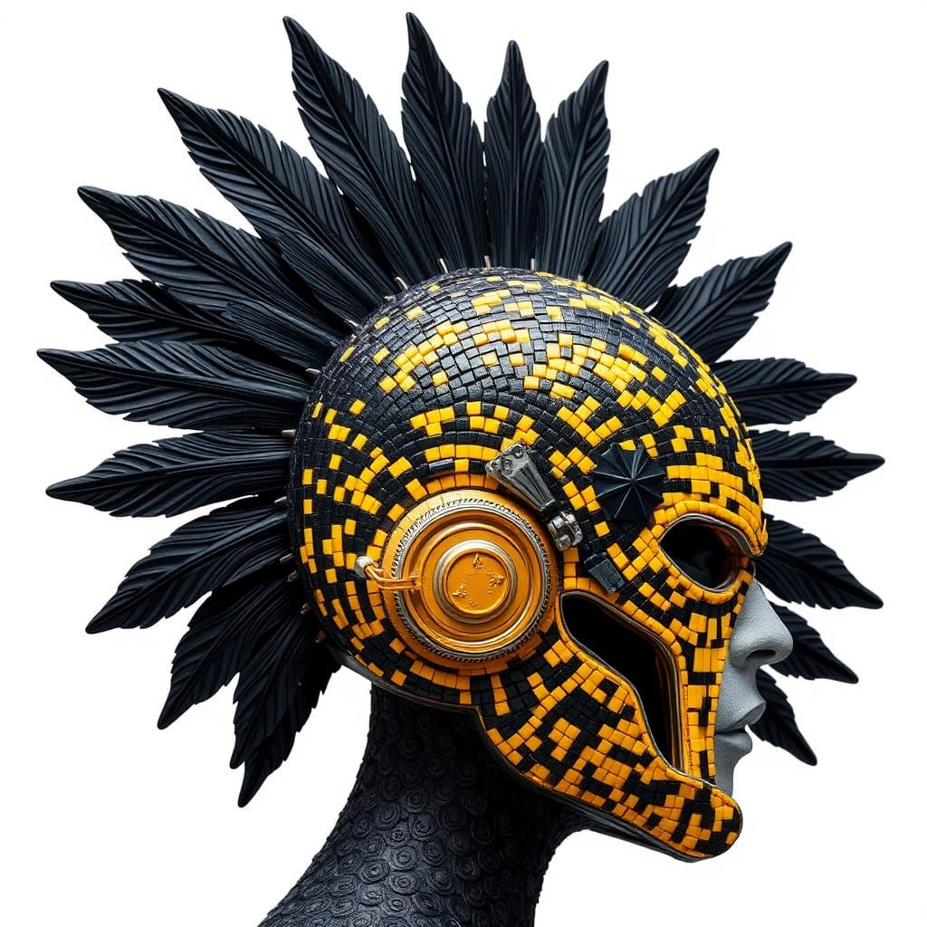 Mohawk blasted windswept feather scales clay mosaic black and yellow high fashion wealthy cyborg helmet intricate Lego a...