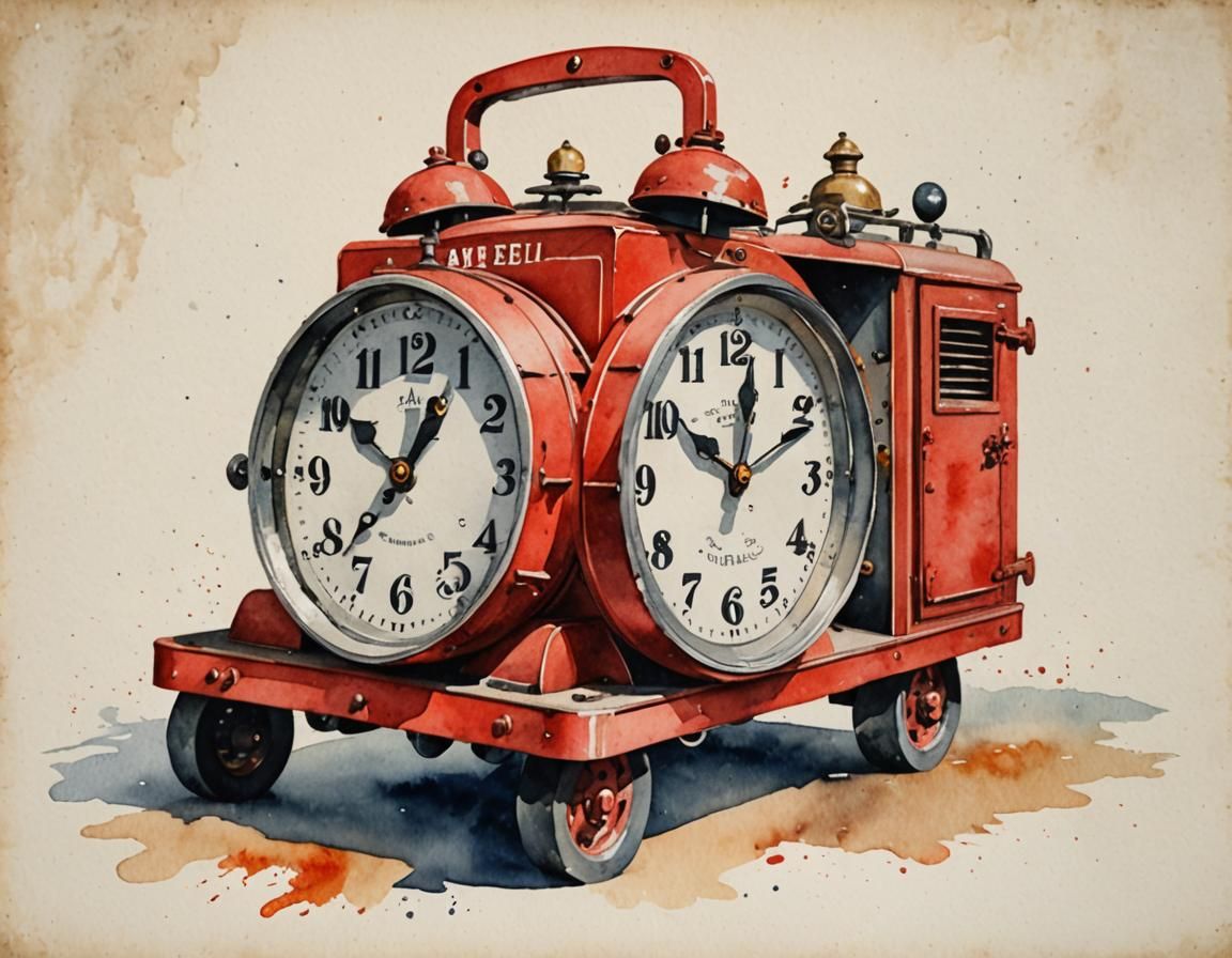 Whimsical Watercolor of a Clock Fire Truck