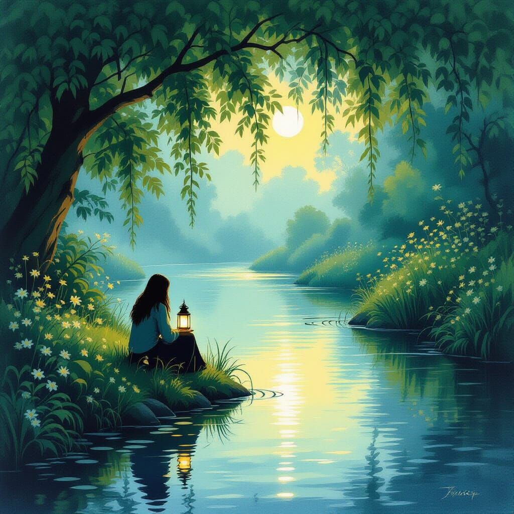 Solitary Figure by Riverbank Lantern Light