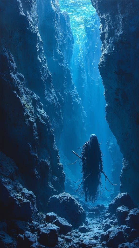 Abyssal Warrior in Glowing Abyss with Bioluminescent Tattoos