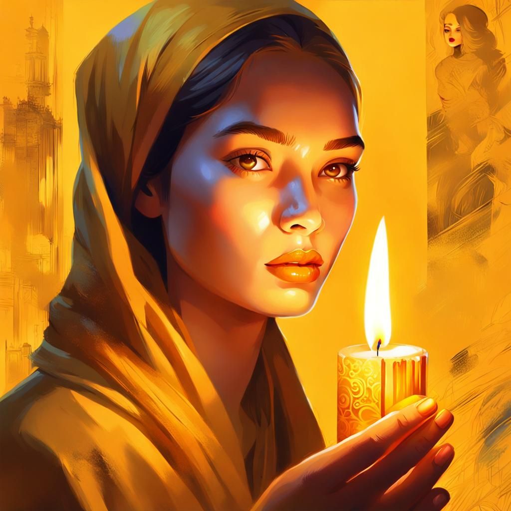 Ethereal Woman Holding Match in Digital Art Style