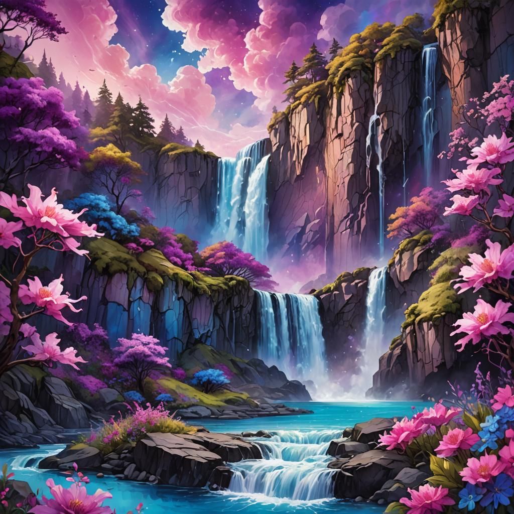 Majestic Waterfall with Magical Flowers in Alcohol Ink