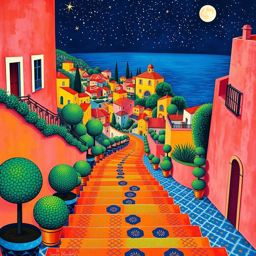 Colorful Village Staircase Under Starry Sky