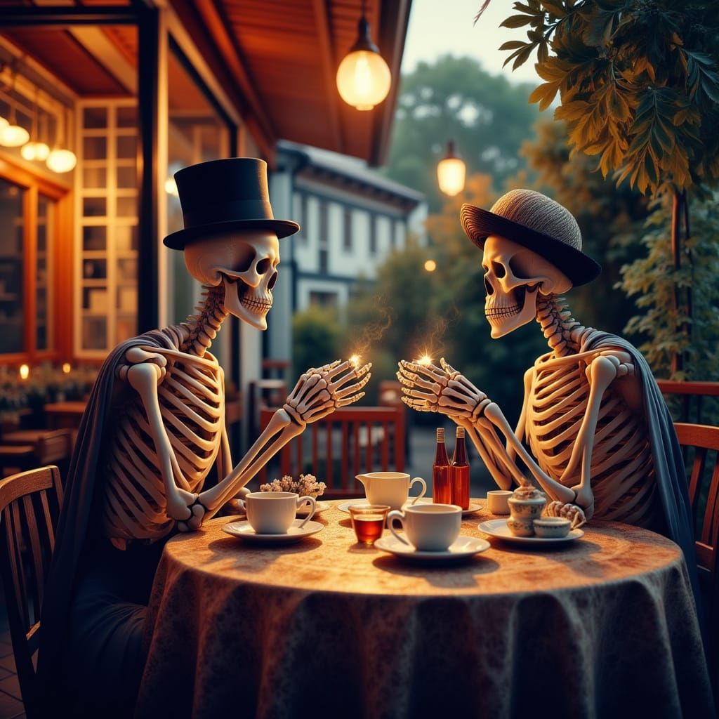 Elegant Skeletons Savor Tea in Whimsical Outdoor Setting