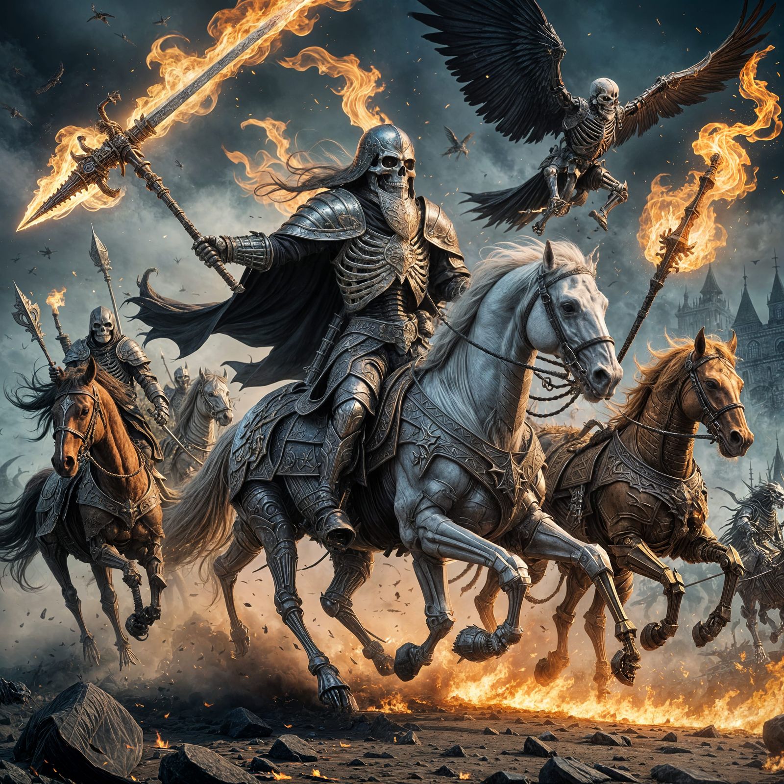 Skeleton army in armor chasing wizard with long beard and magic staff flaming flying horses stars and smoke