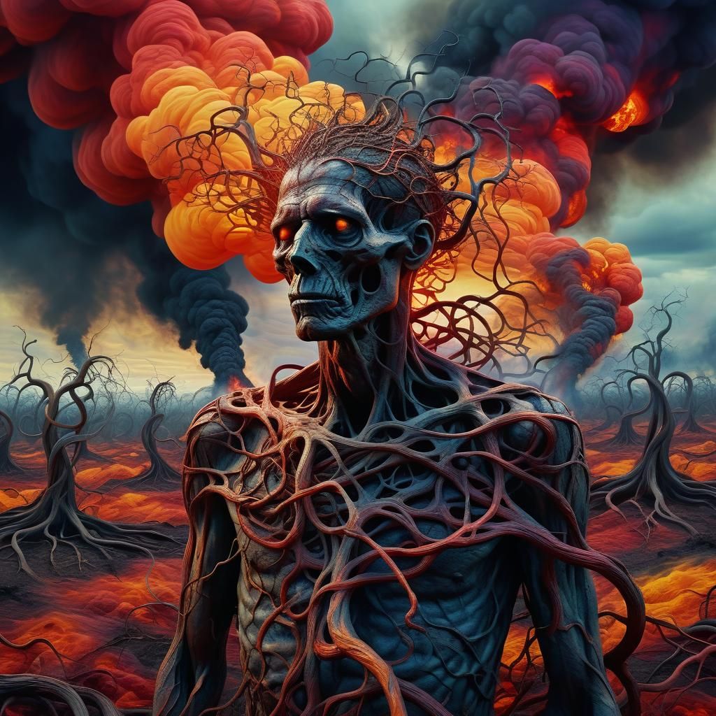 Surreal Hellscape Oil Painting in Triadic Colors