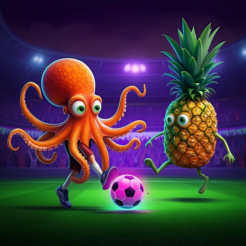 Goofy Octopus Plays Soccer with Pineapple in Anime Style