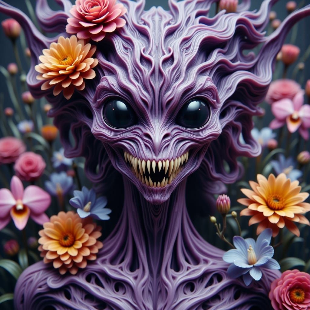 Ethereal Alien Goddess Amidst Blooming Flowers in a Whimsica...