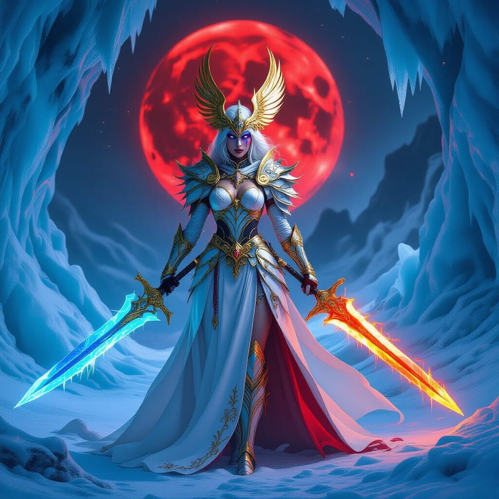 Warrior Goddess in Icy Cavern Under Red Moon