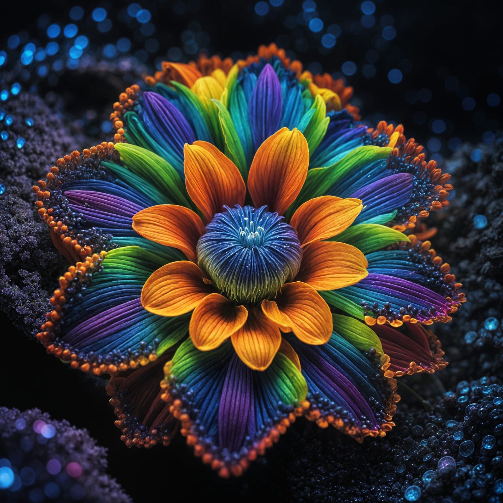 Bioluminescent Rainbow Flower in Fantasy Cave