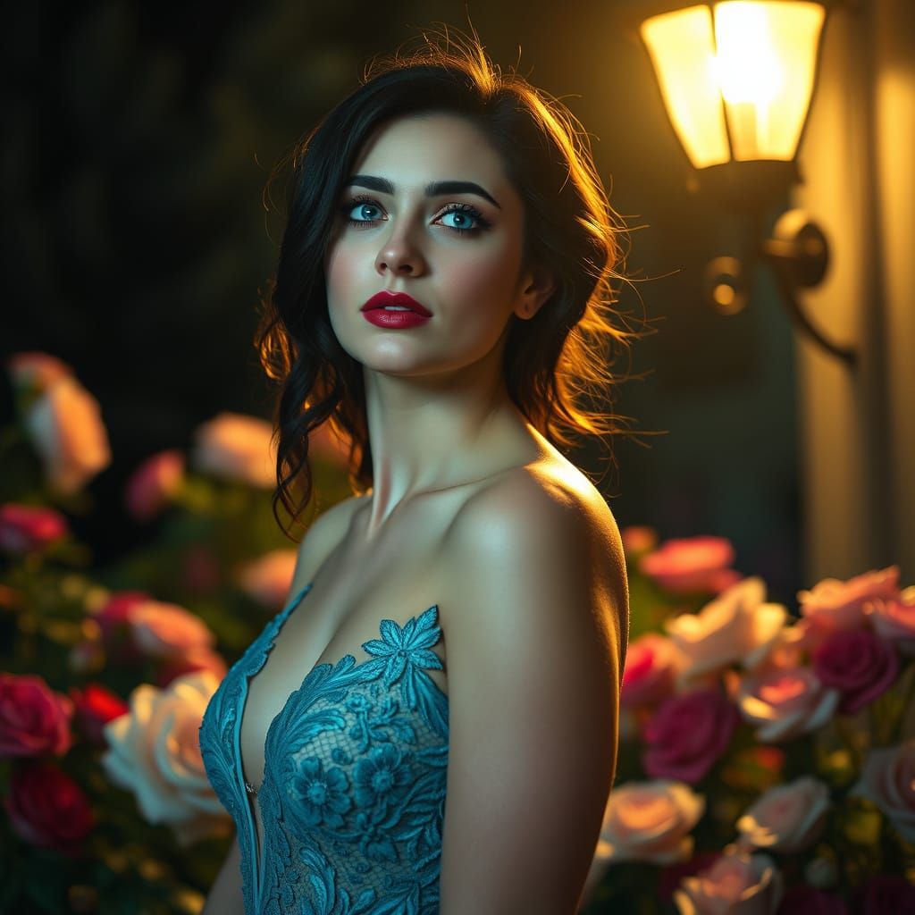 Ethereal Aqua Blue Goddess in Vintage Rose Garden