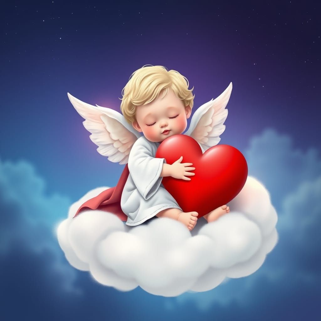 Serene Angel Hugs a Red Heart on a White Cloud
