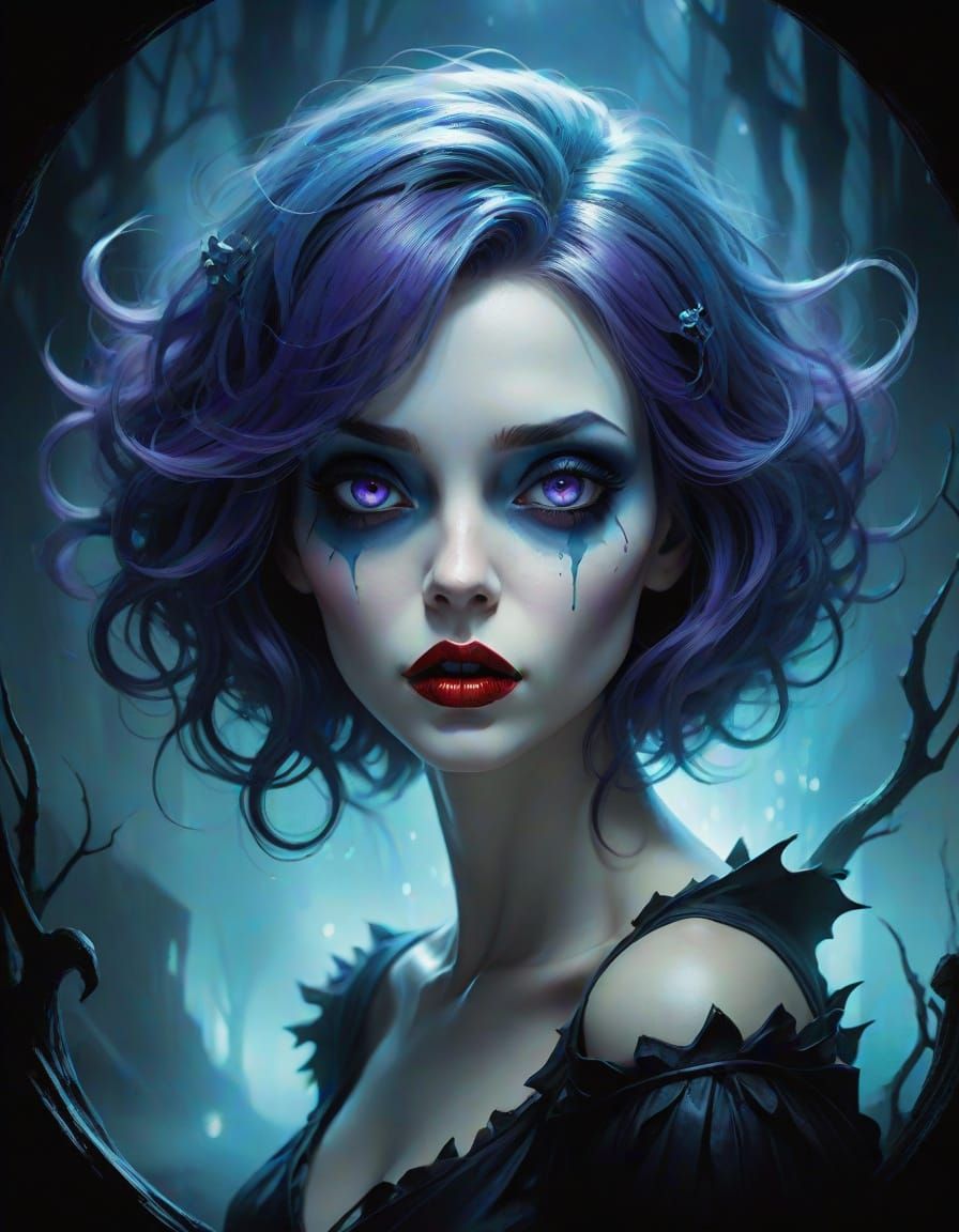 Mysterious Witch with Purple Hair and Red Lips