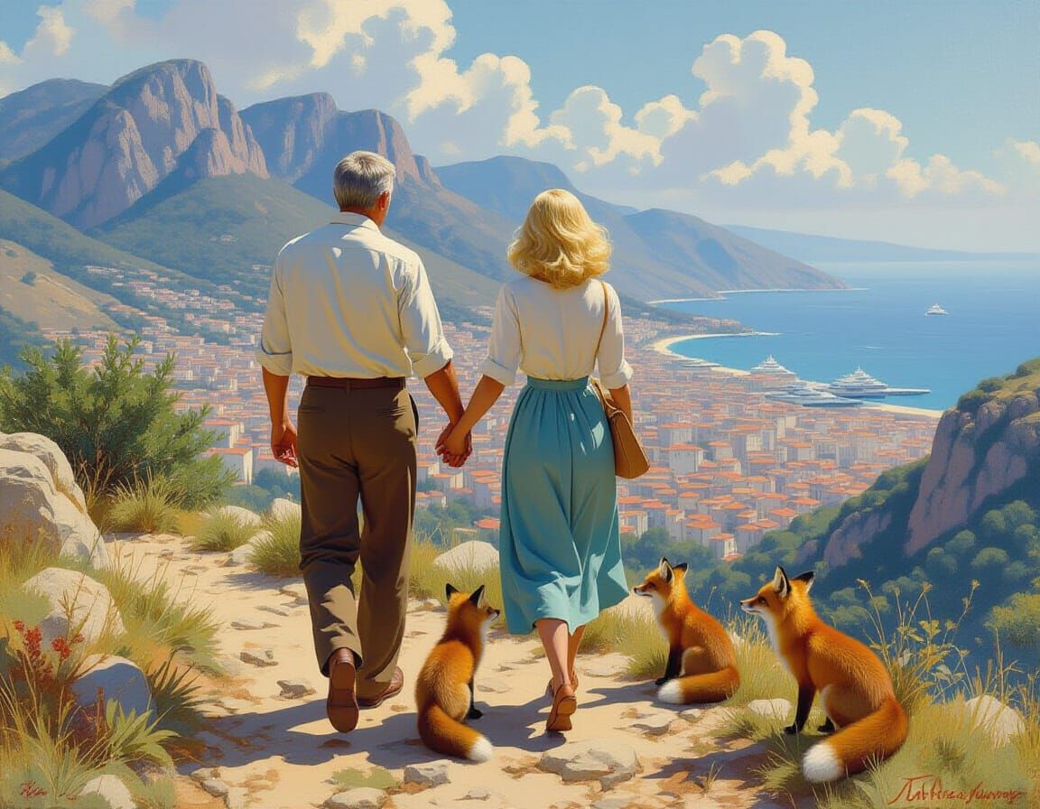 Couple Walks Mountain Path Overlooking City and Sea