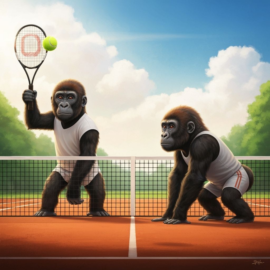 Gorilla Tennis Players on Sunny Court, Digital Painting