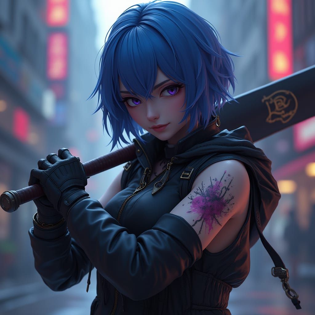 Cyberpunk Warrior Woman with Electric Blue Hair and Violet E...