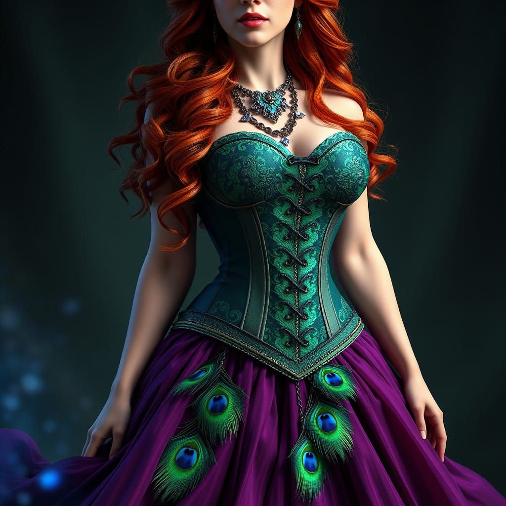 Empress in Emerald Corset with Iridescent Peacock Feathers