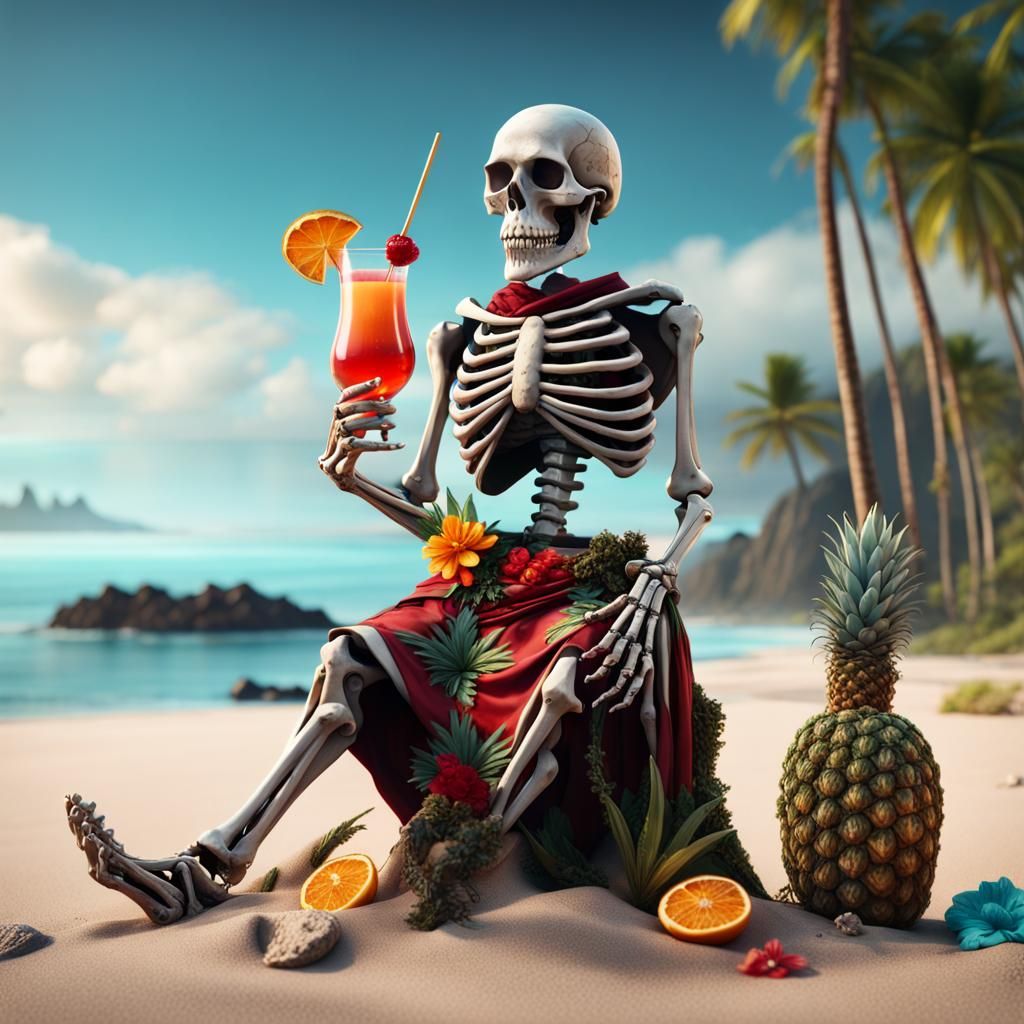 Skeleton in Hawaiian Kilt: Detailed Beach Painting