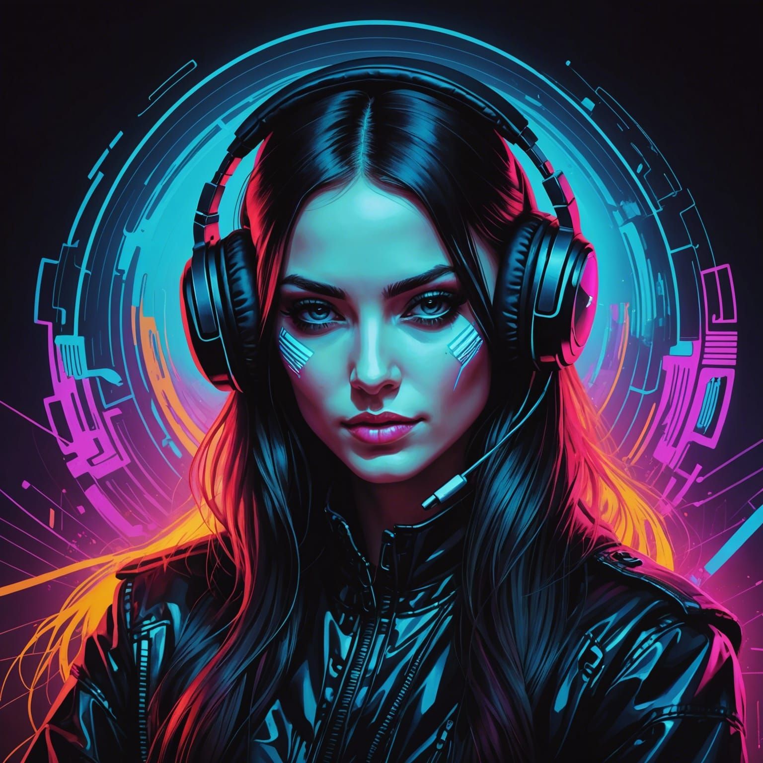 Psychedelic Cyberpunk DJane Portrait in Blacklight Art
